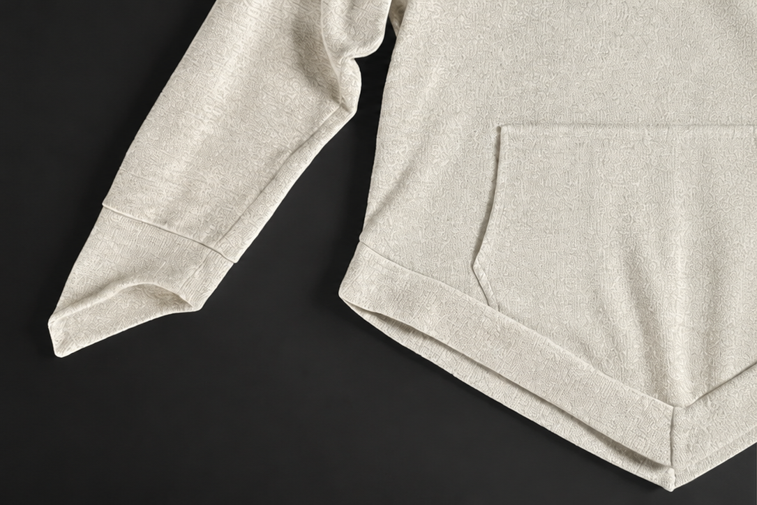 Beige V-Silhouette Hoodie cuff and hem detail