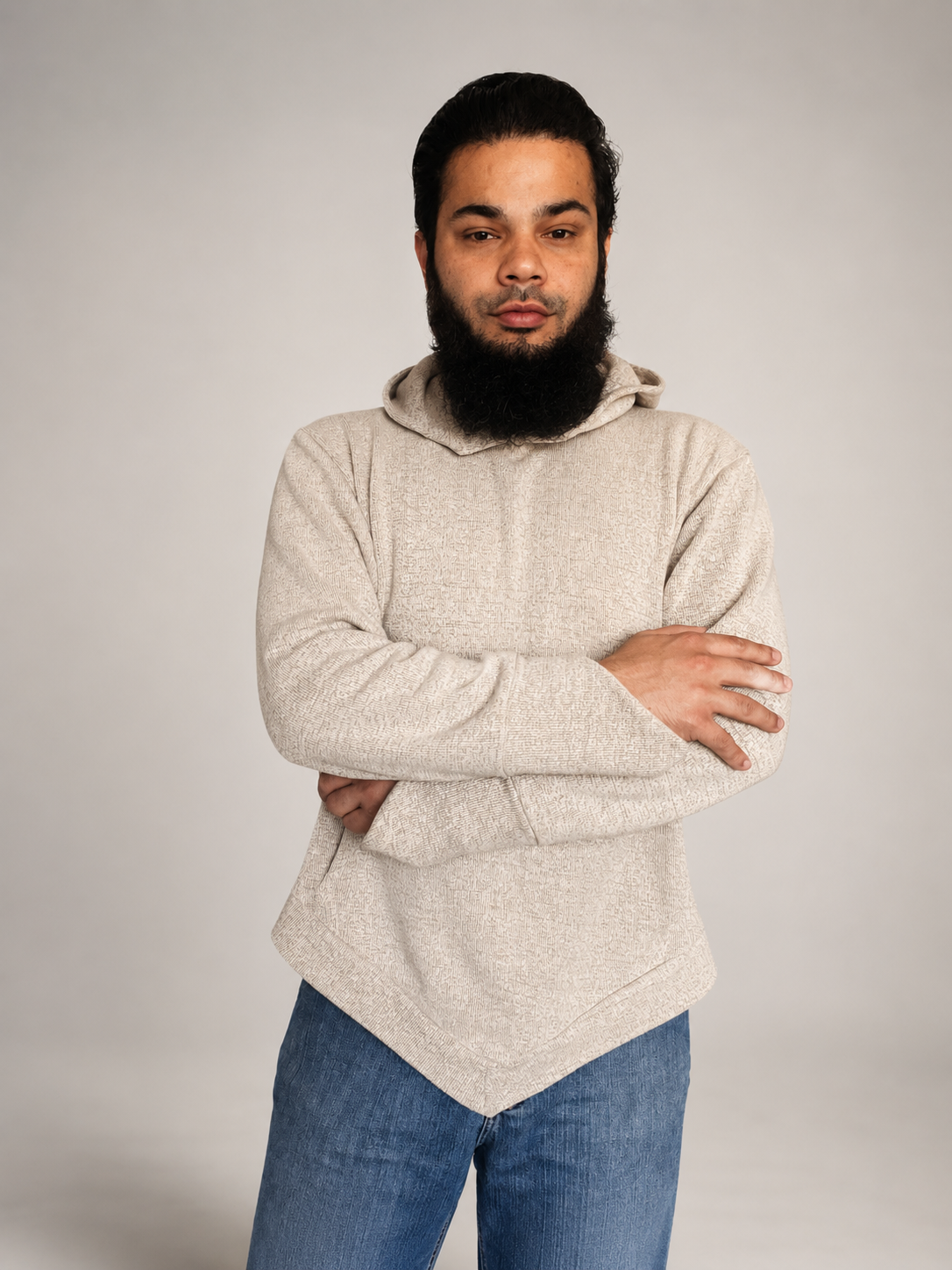 V-Silhouette Hoodie — Beige on model