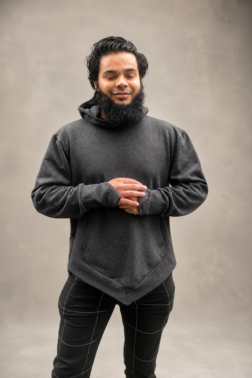V-Silhouette Hoodie — Charcoal on model
