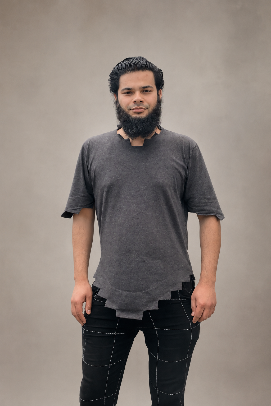Stair Cut T-Shirt — Charcoal on model