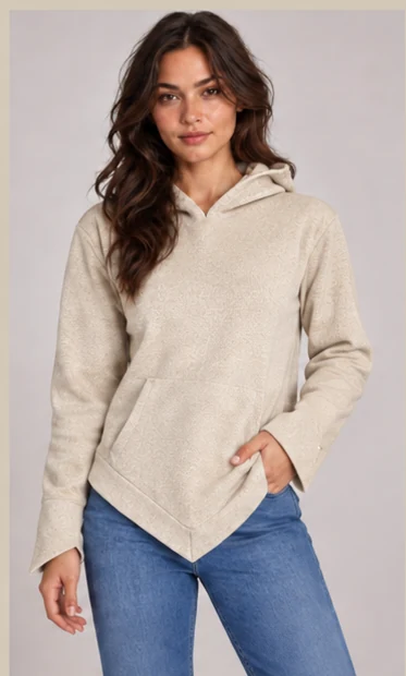 Female model wearing beige V-Silhouette Hoodie