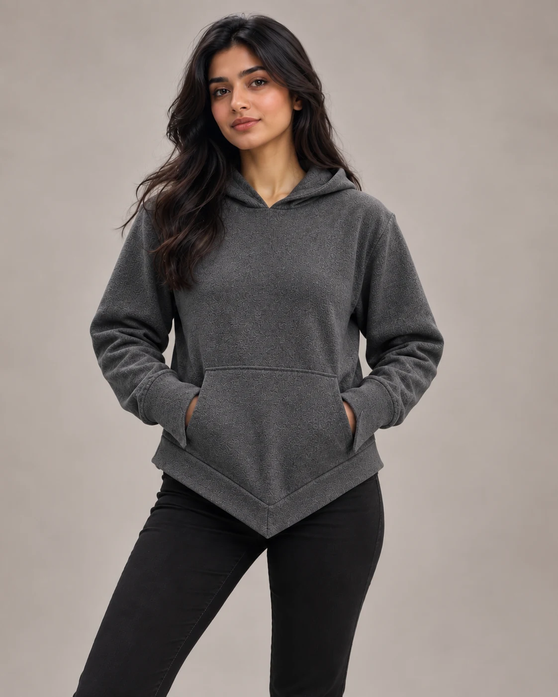 Female model in charcoal hoodie