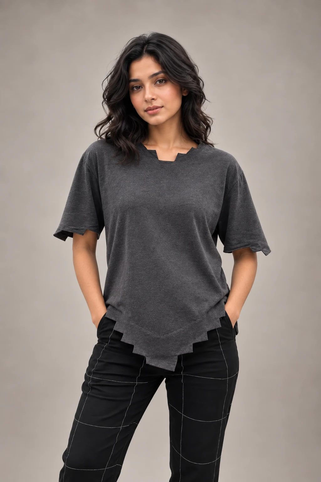 Female model in charcoal tee