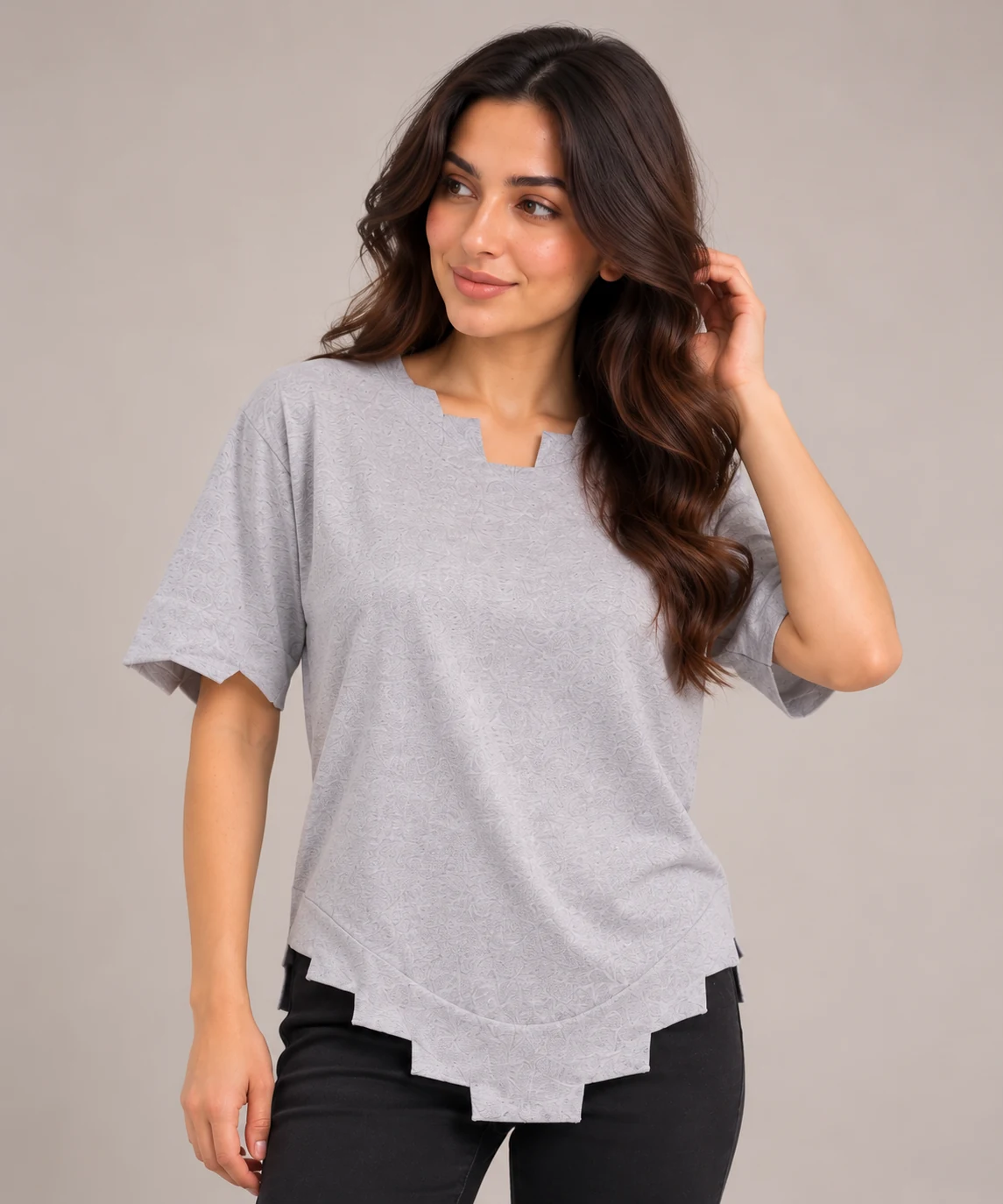 Female model in grey tee
